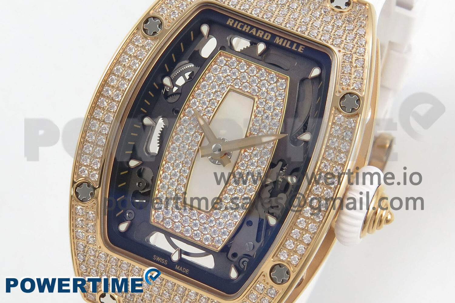 RM07 Ladies Full Diamonds RG ZF 1:1 Best Edition White MOP Dial on White Rubber Strap CRMA2 Clone - Image 3
