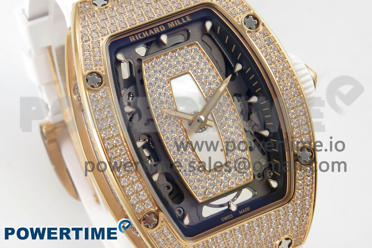 RM07 Ladies Full Diamonds RG ZF 1:1 Best Edition White MOP Dial on White Rubber Strap CRMA2 Clone - Image 2