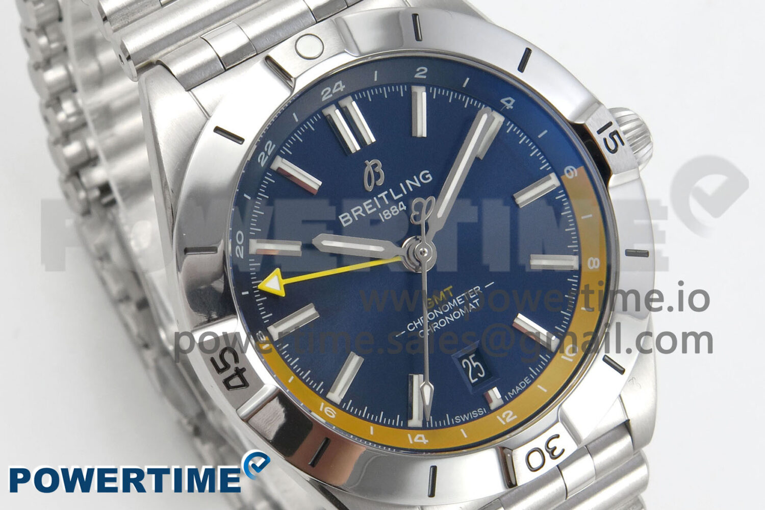 Breitling BLSF Chronomat Automatic 1:1 Best Edition GMT 40mm Blue Dial with Inner Yellow Rim On SS Bracelet - Image 2