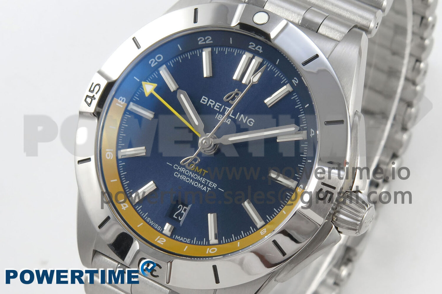 Breitling BLSF Chronomat Automatic 1:1 Best Edition GMT 40mm Blue Dial with Inner Yellow Rim On SS Bracelet - Image 3
