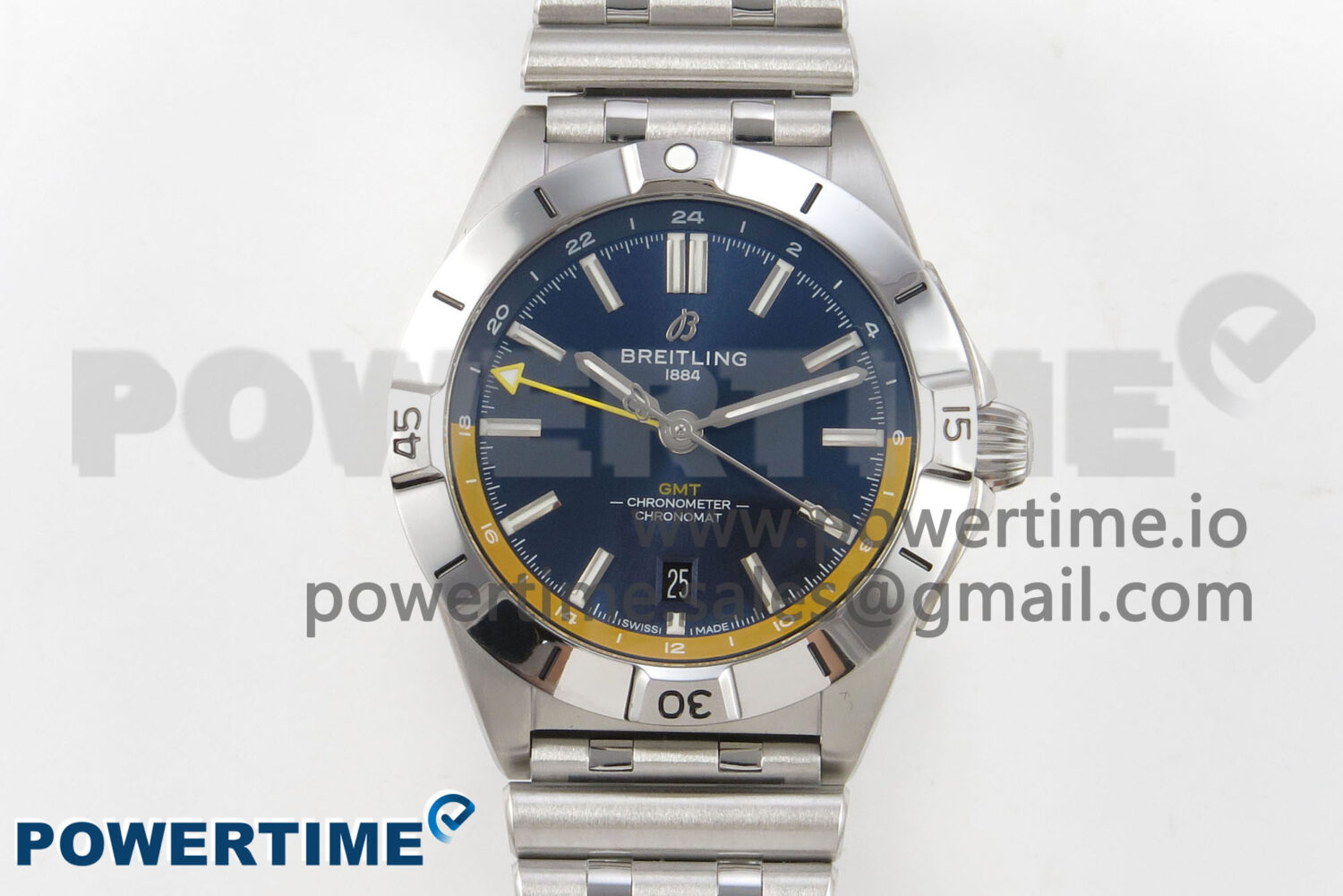 Breitling BLSF Chronomat Automatic 1:1 Best Edition GMT 40mm Blue Dial with Inner Yellow Rim On SS Bracelet - Image 1