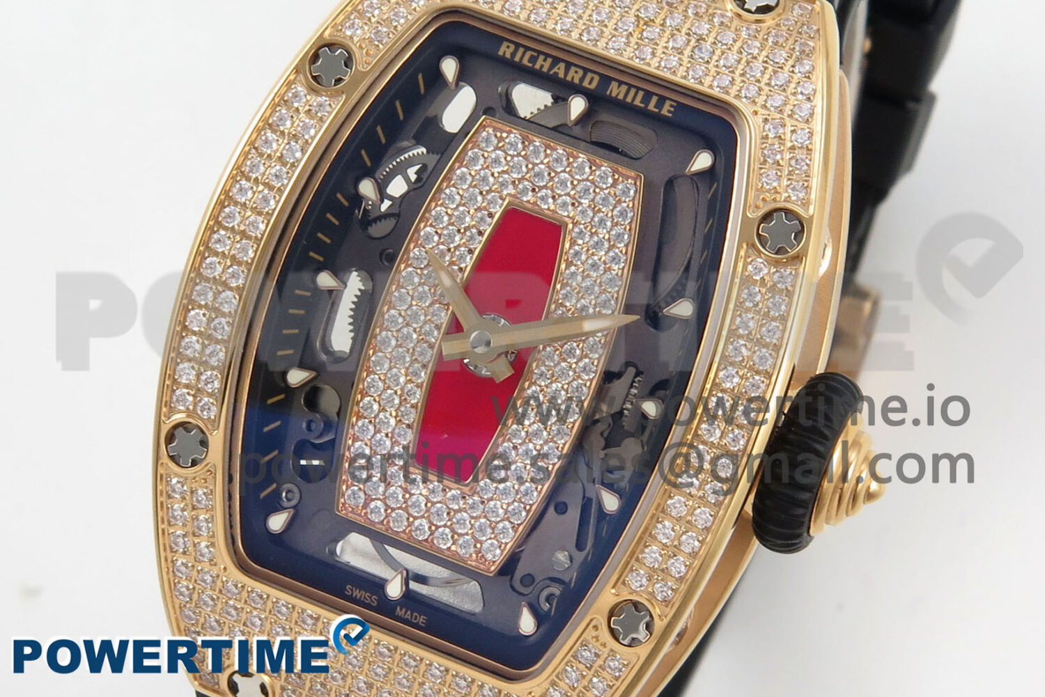 RM07 Ladies Full Diamonds RG ZF 1:1 Best Edition Red Dial on Black Rubber Strap CRMA2 Clone - Image 3