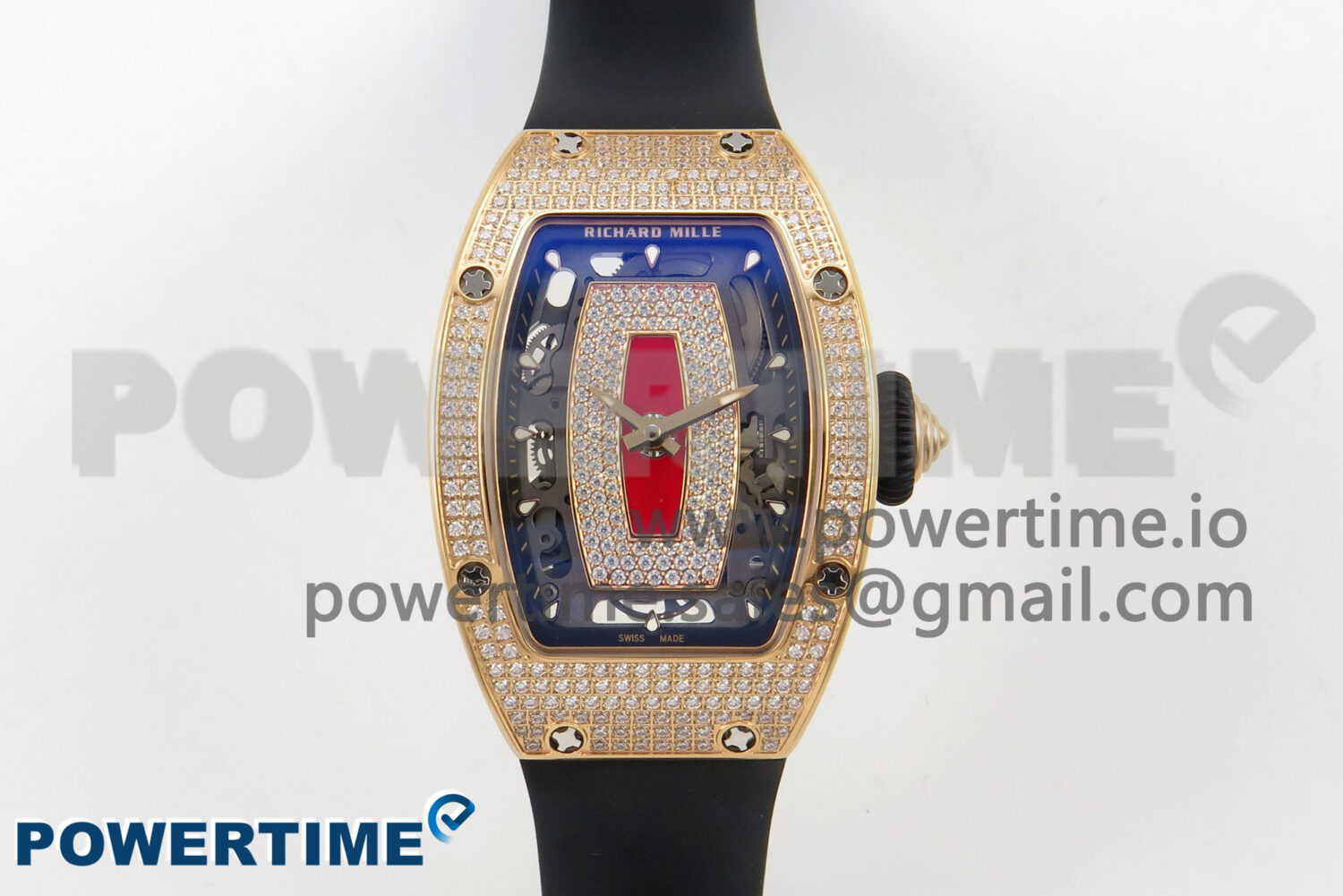 RM07 Ladies Full Diamonds RG ZF 1:1 Best Edition Red Dial on Black Rubber Strap CRMA2 Clone - Image 1